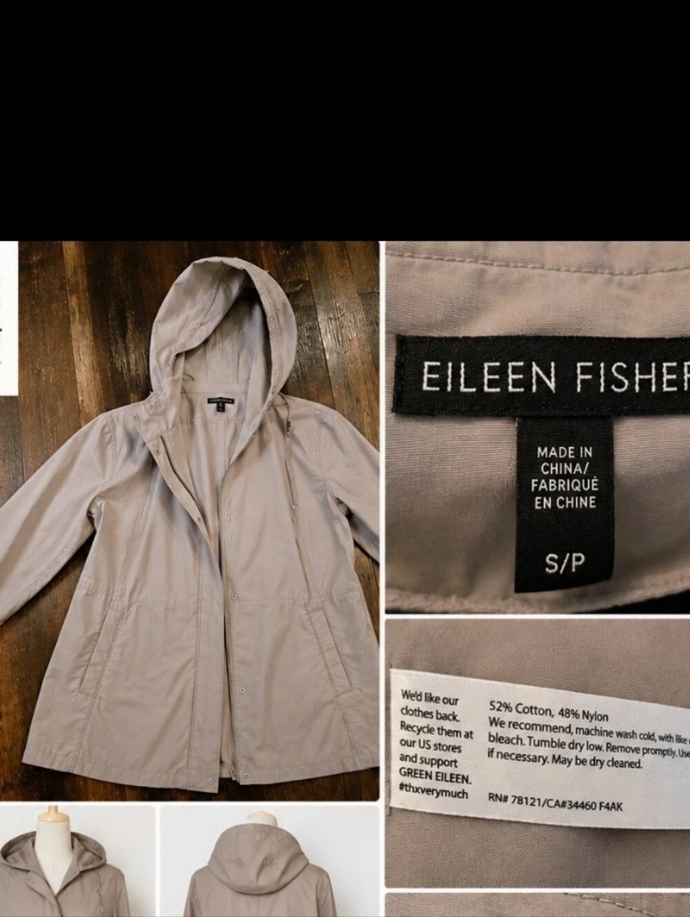 Eileen Fisher Taupe Hooded Windbreaker Utility Jacket